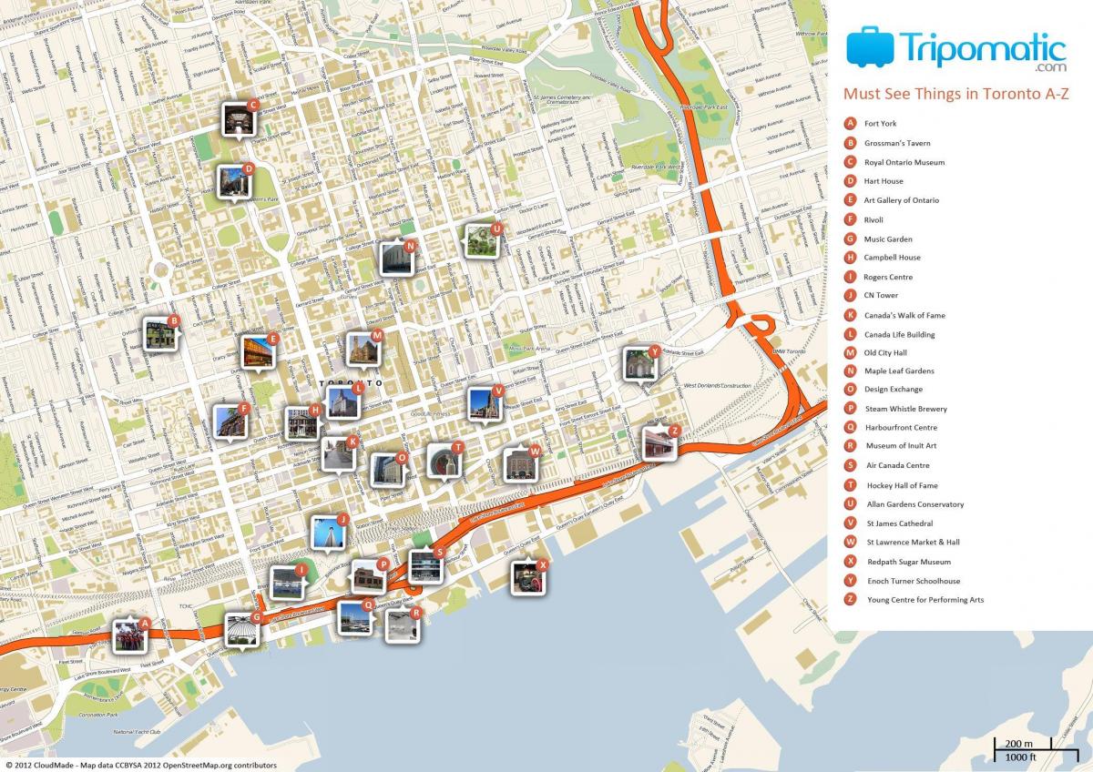 kaart van de toeristische attracties in Toronto